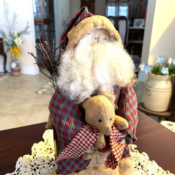 Alta's Heirlooms Handmade Santa with Teddy Bear Primitive Folk Art - Picture 3 of 6